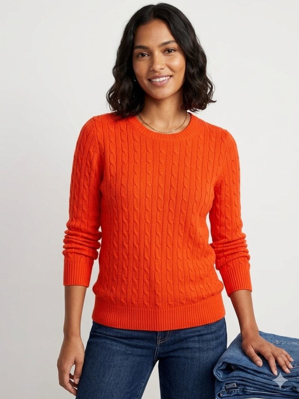 J Crew Women's Classic Cable Knit wool blend Crew Sweater Vibrant Orange Large